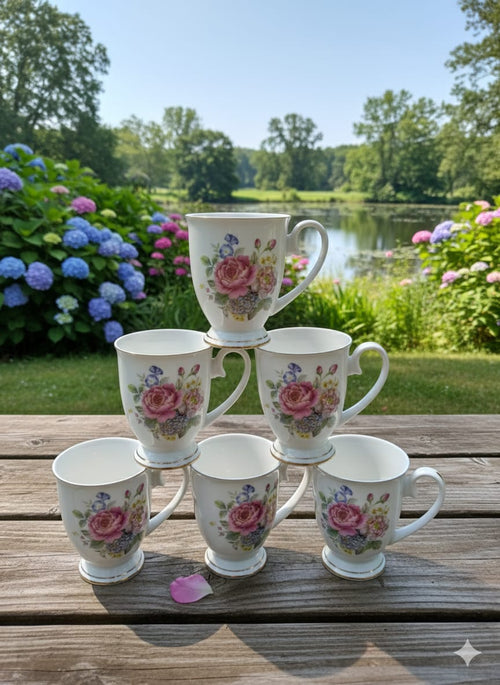 Classic Porcelain Mugs with Floral Design & Gold Trim