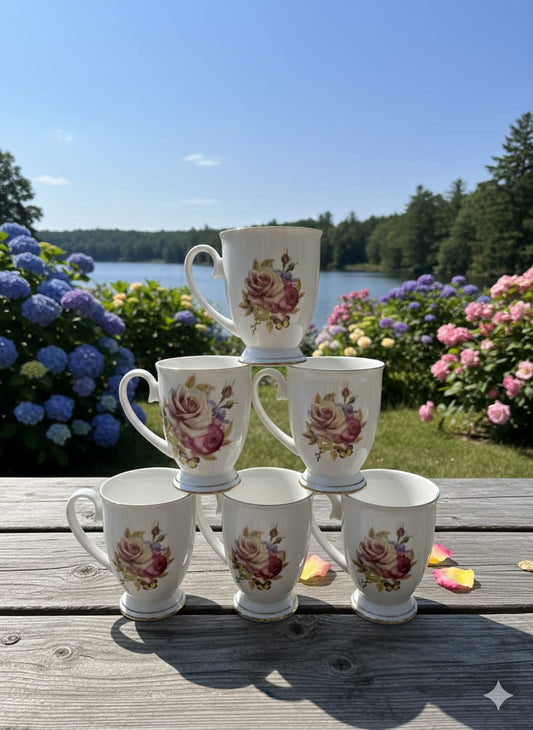 Classic Porcelain Mugs with Floral Design & Gold Trim