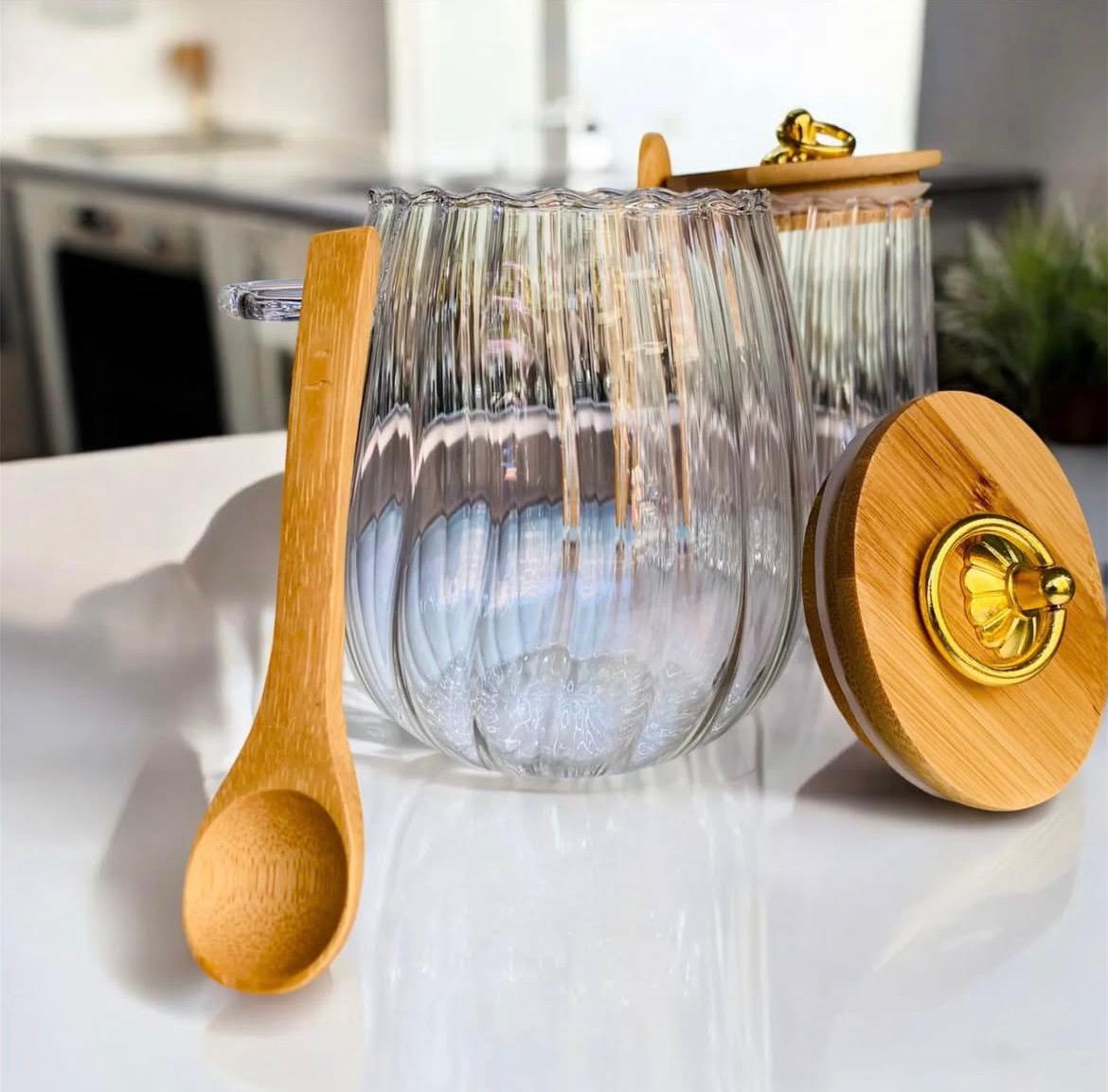 Ribbed Glass Jar with Bamboo Lid and Spoon