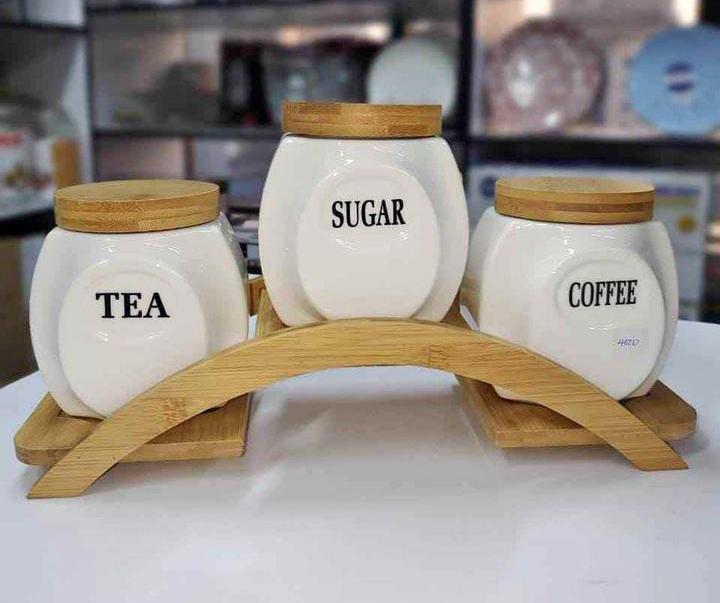 3pcs Ceramic Canisters Set with Bamboo Rack and Wooden Lids