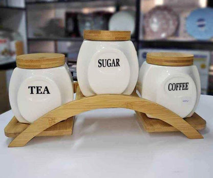 3pcs Ceramic Canisters Set with Bamboo Rack and Wooden Lids