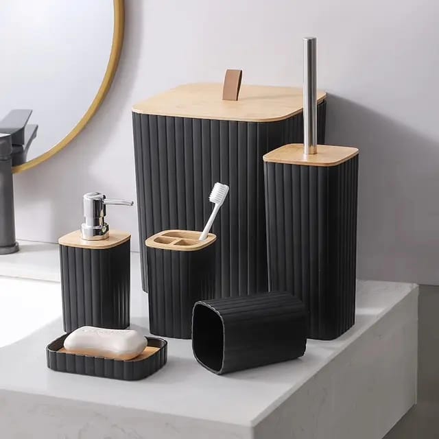 6-in-1 Bathroom Accessories Set with Wooden Top