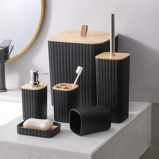 6-in-1 Bathroom Accessories Set with Wooden Top