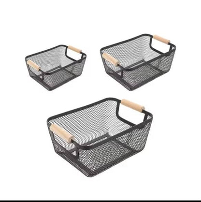 Mesh Plastic Storage Baskets with Bamboo Handles – 3pcs Set