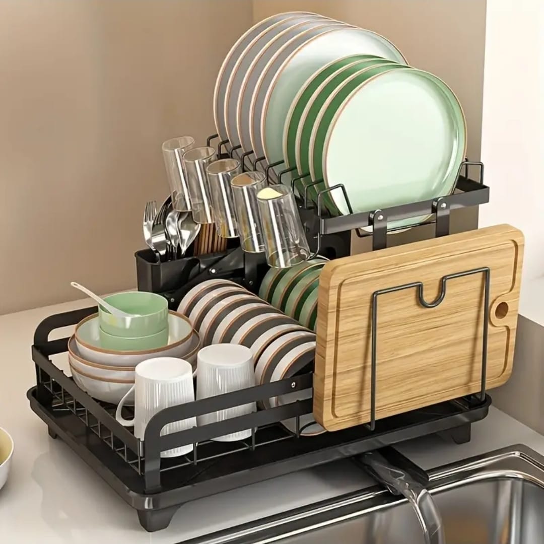 2-Tier Foldable Dish Drying Rack with Drip Tray