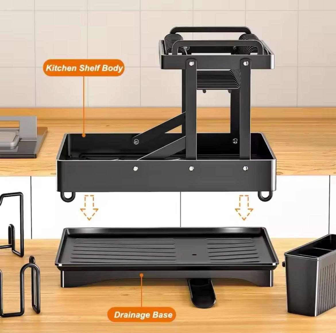 2-Tier Foldable Dish Drying Rack with Drip Tray