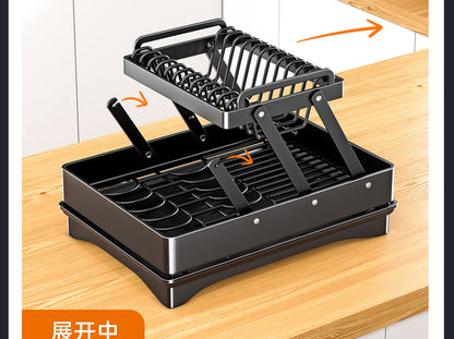 2-Tier Foldable Dish Drying Rack with Drip Tray