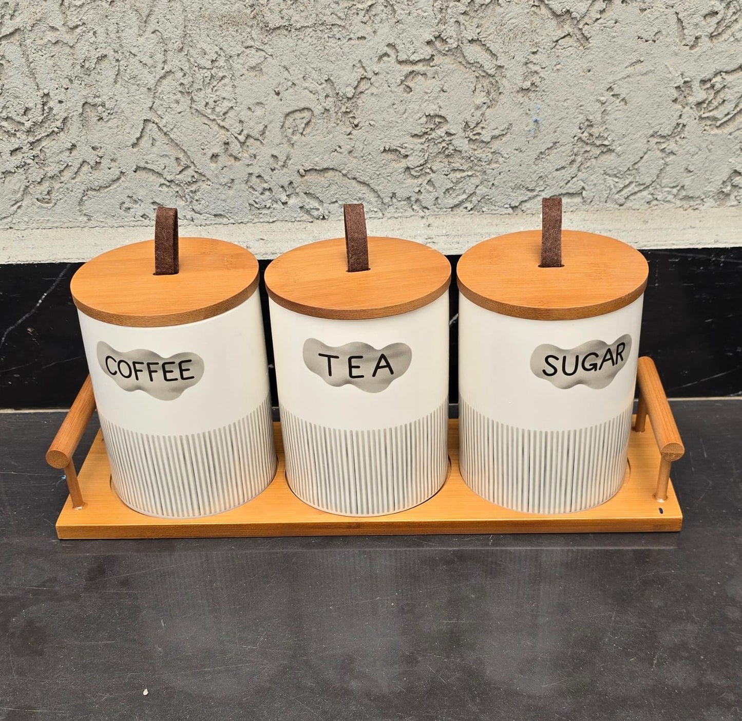 3pcs Ceramic Canisters Set with Bamboo Stand