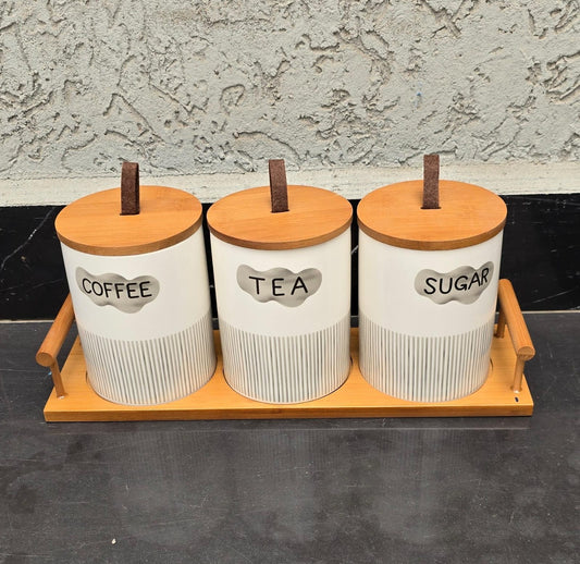 3pcs Ceramic Canisters Set with Bamboo Stand