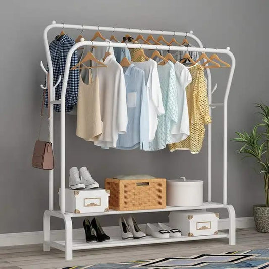 Curved Double Clothes Rack with Bottom Shelf & Side Hooks