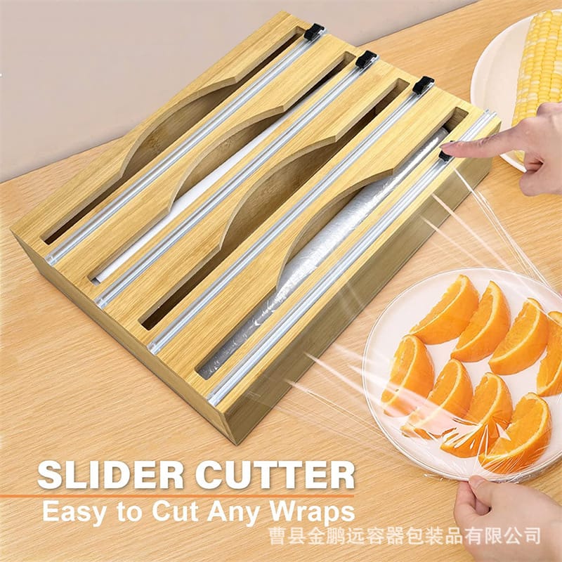 3-in-1 Bamboo Kitchen Foil Wrap Dispenser with Cutter